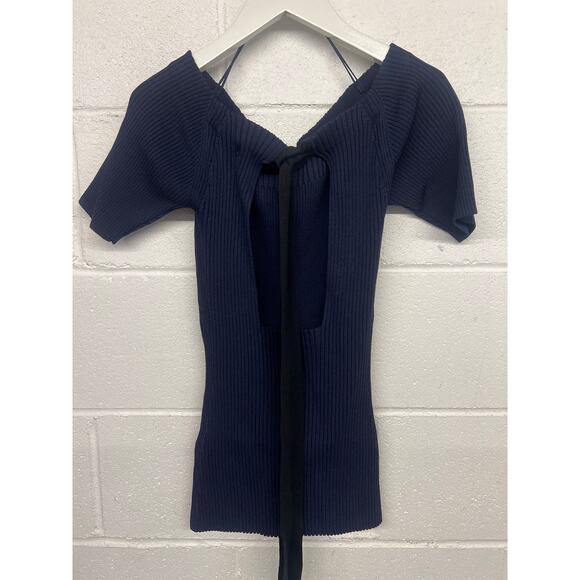 Jason Wu Sz small s Navy Blue Knit Off The Shoulder Bow Tie Back Sweater Top - Picture 5 of 6